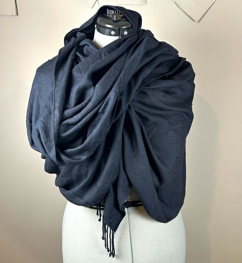 Women’s Black Solid Beaded Fringe Shawl Wrap Scarf Shawl/Wrap Style